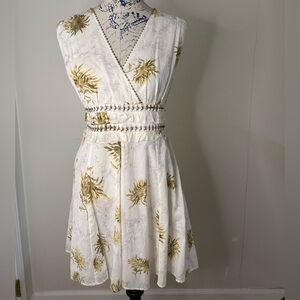 Karen Millen NWT Floral Midi Dress US 10 Cream Gold Cotton Blend Fit & Flare